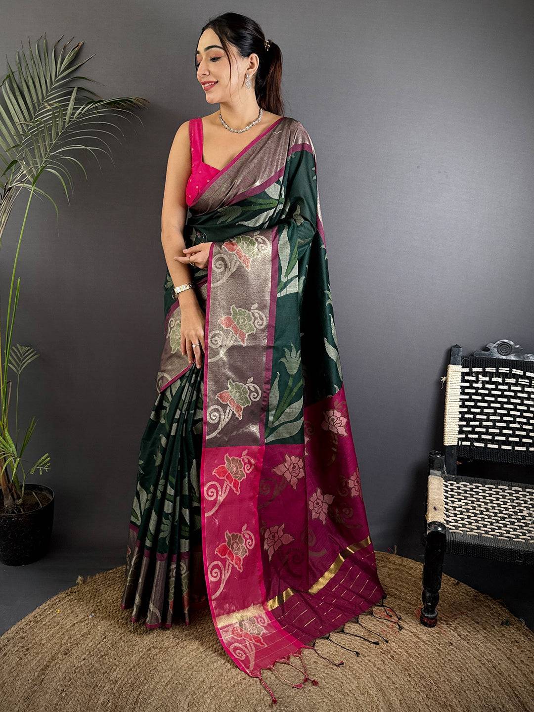 Green Soft Chanderi Pochampally Ikkat Saree

