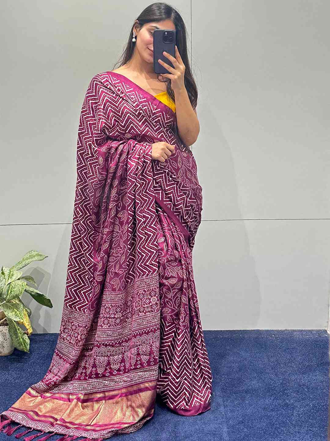Elegant Burgundy Manipuri Silk Saree with intricate foil print