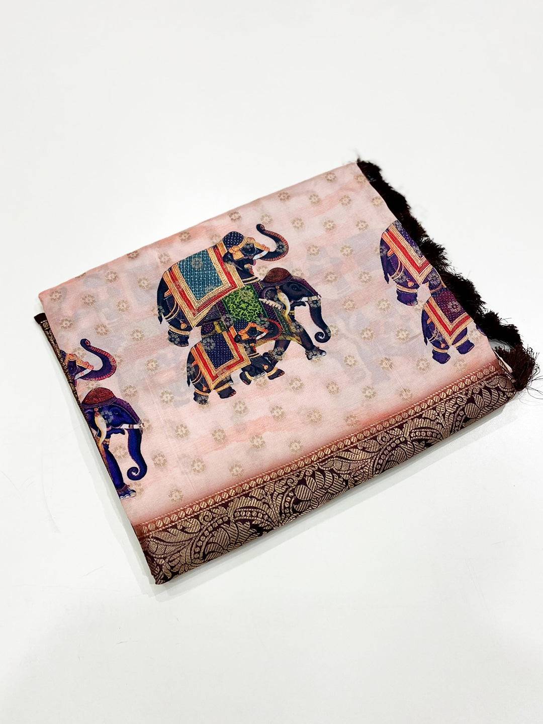 Peach Digital Elephant Motifs Banarasi Saree