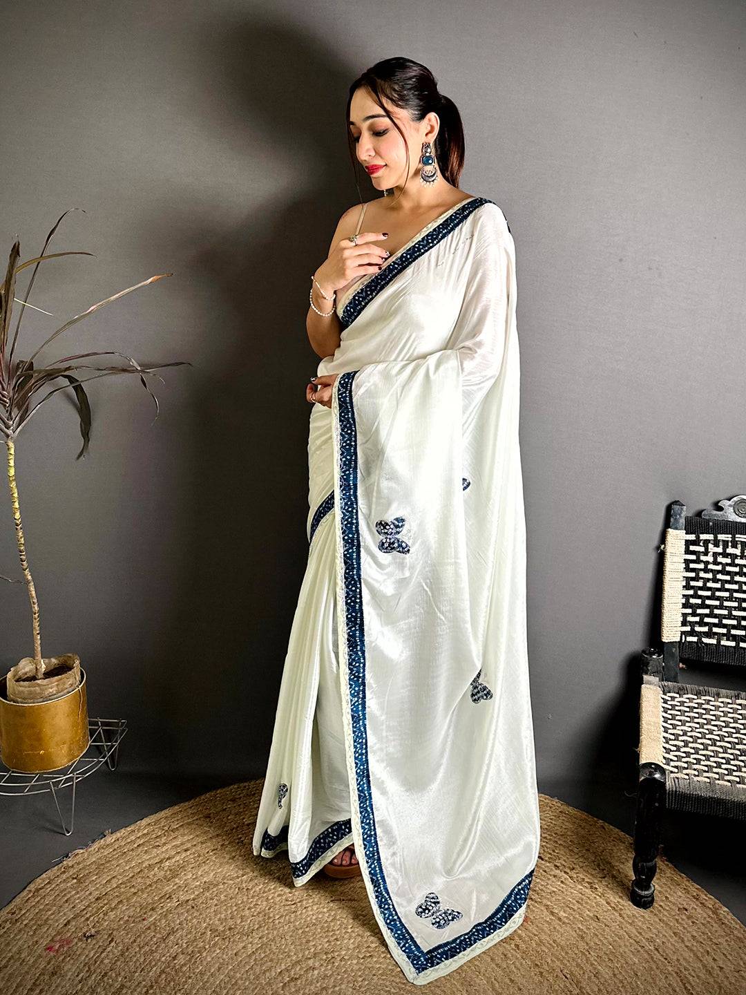 Navy Soft Chinnon Butterfly Butta Saree