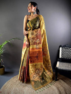 Mehndi Green Semi Gold Zari Tussar Saree