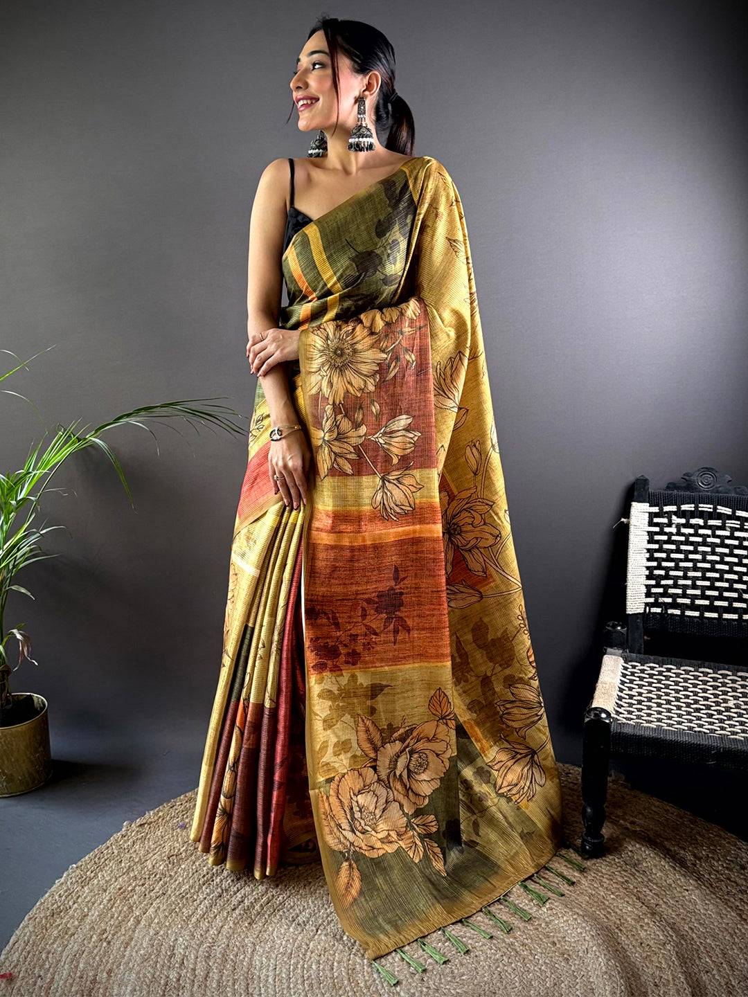 Mehndi Green Semi Gold Zari Tussar Saree