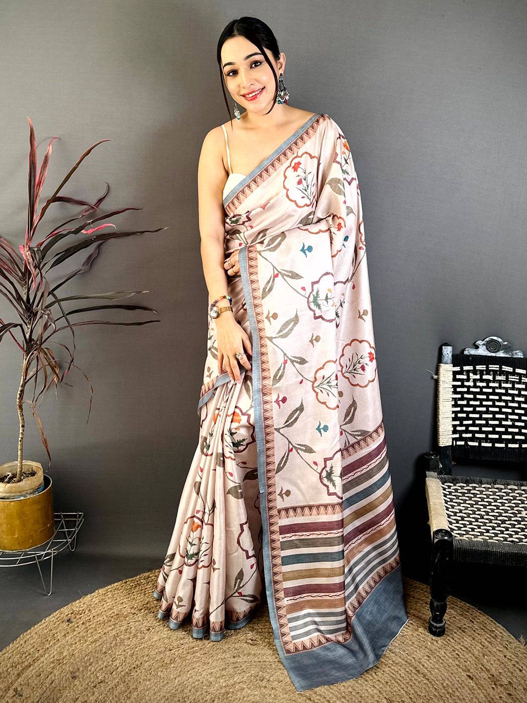 Peach Floral Soft Tussar Saree