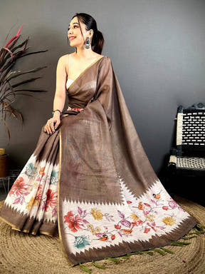 Brown Floral Ikat Linen Chanderi Saree