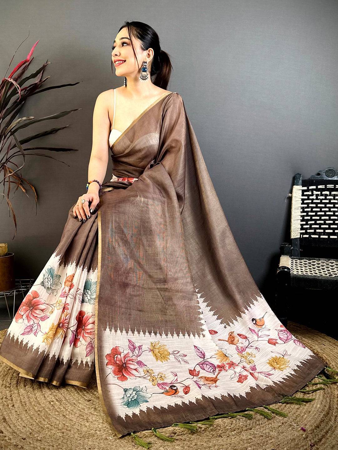 Brown Floral Ikat Linen Chanderi Saree