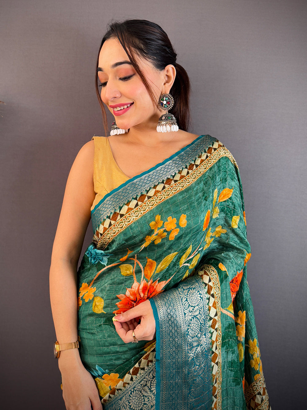 Teal Green Pure Viscose Checked Saree