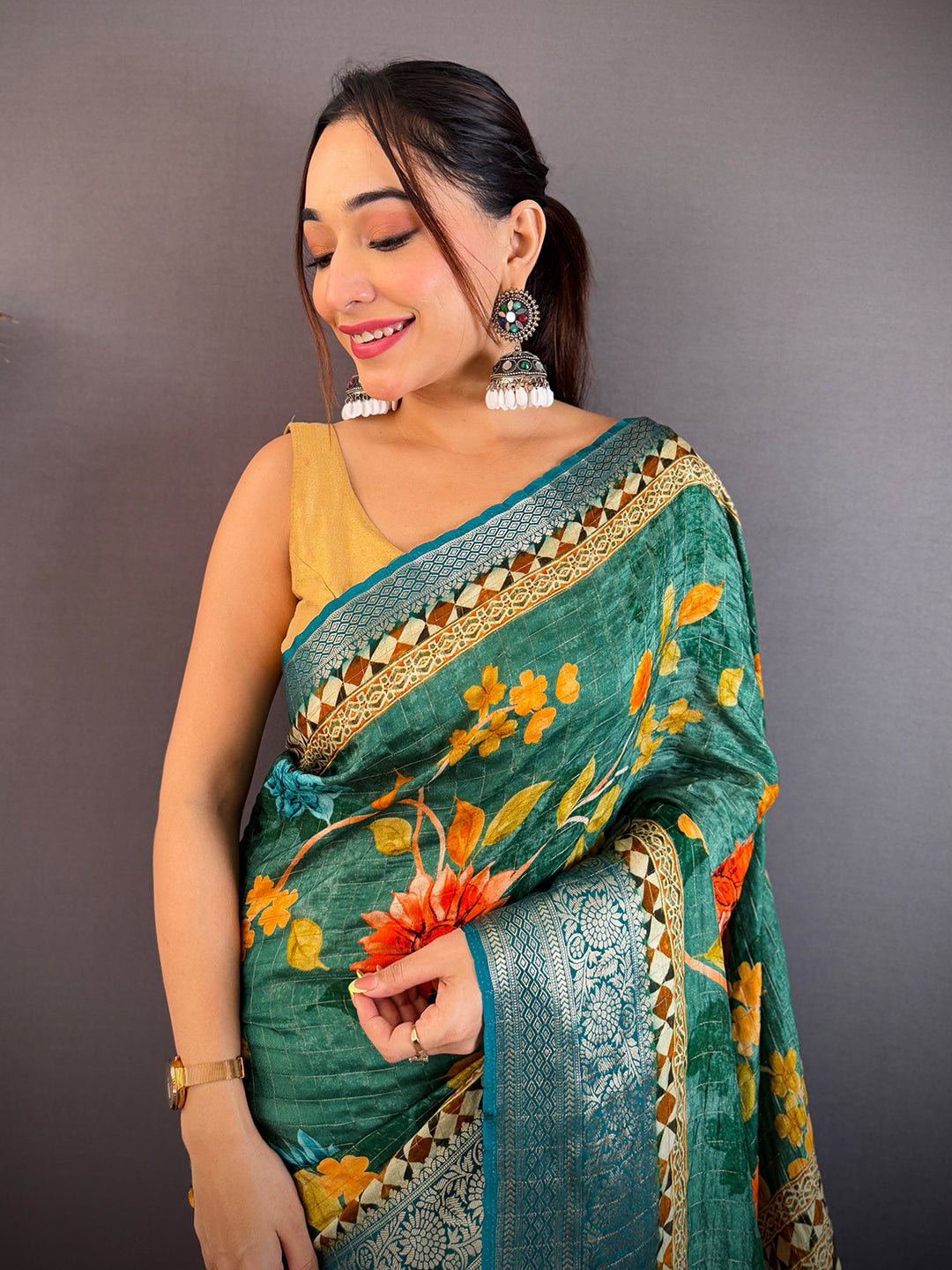 Teal Green Pure Viscose Checked Saree