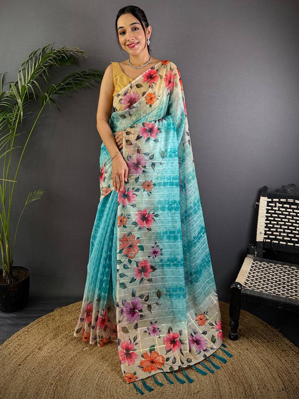 Turquoise Soft Organza Digital Floral Saree
