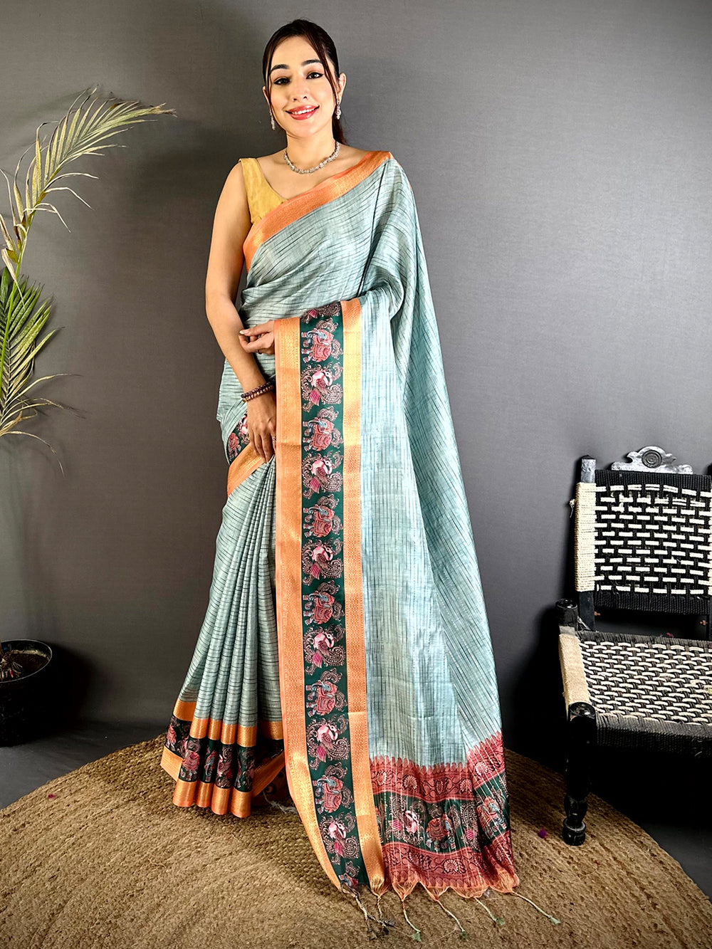 Sage Green Tanjore Print Silk Saree