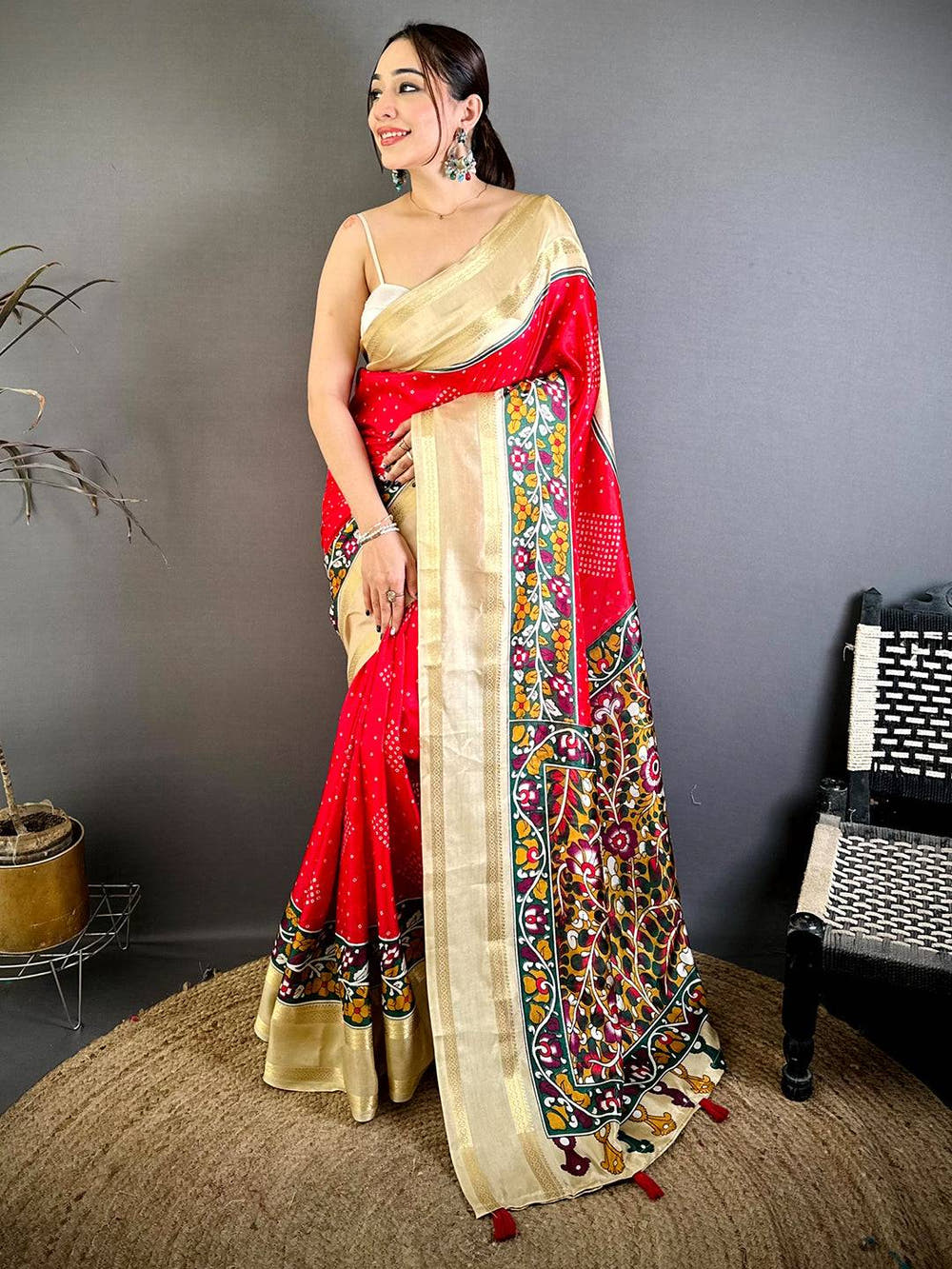 Opulent Bandhej Print Dola Silk Saree
