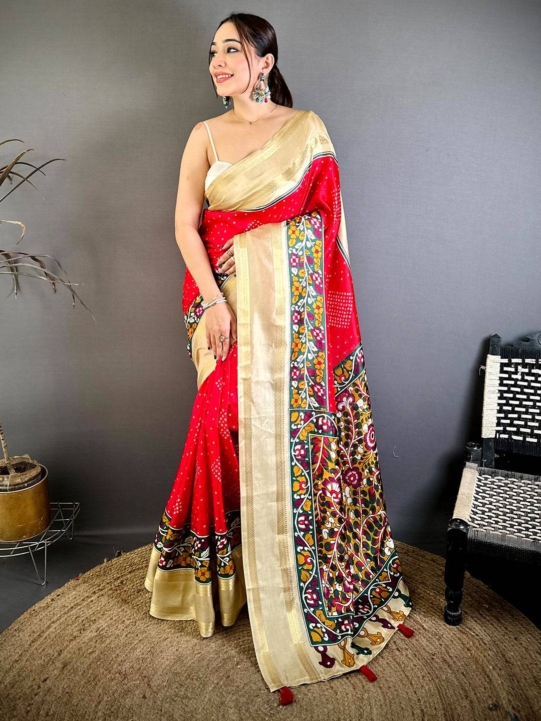 Opulent Bandhej Print Dola Silk Saree