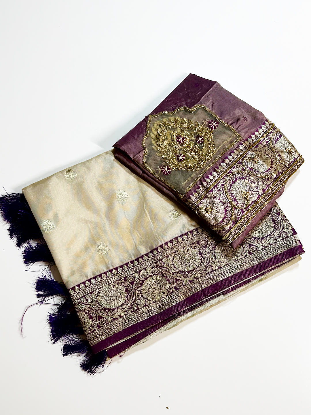 White Soft Silk Feather Saree With Maggam Blouse
