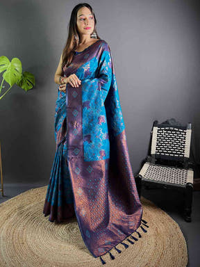 Elegant royal blue soft silk butta weaving saree
