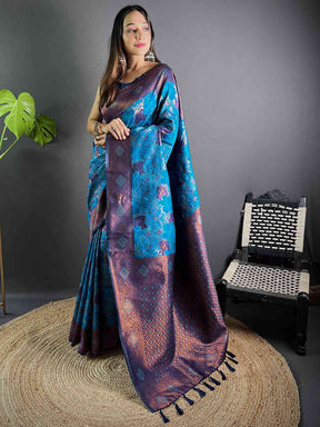 Elegant royal blue soft silk butta weaving saree