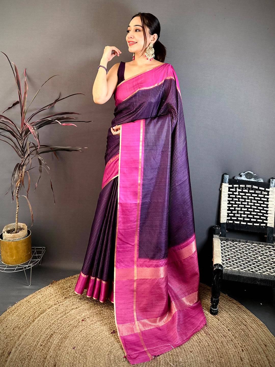 Purple Tussar Gold Zari 1000 Butti Saree