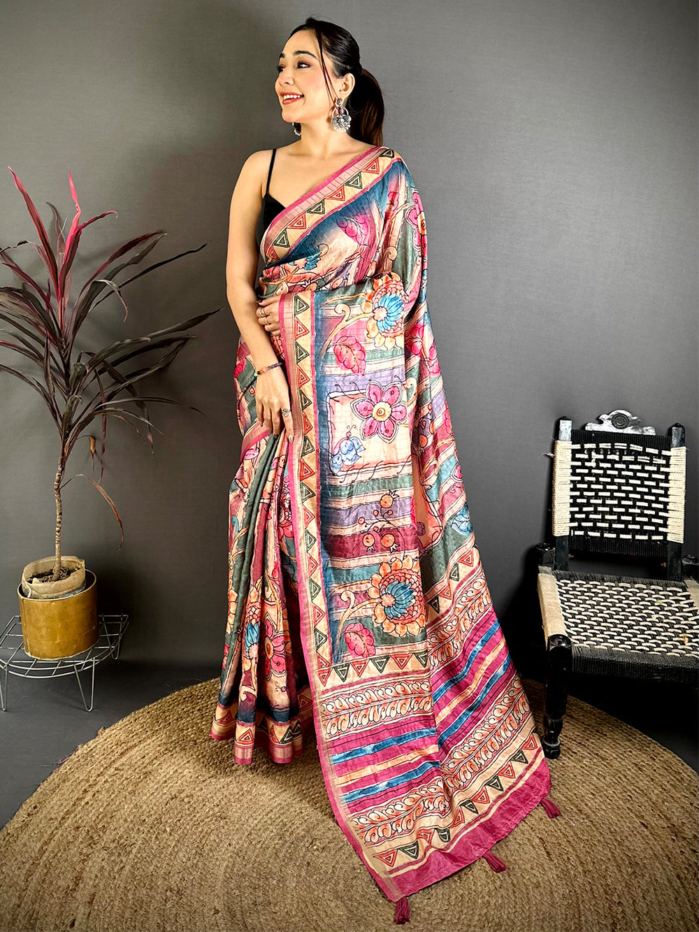 Stylish Tussar Rainbow Striped Saree