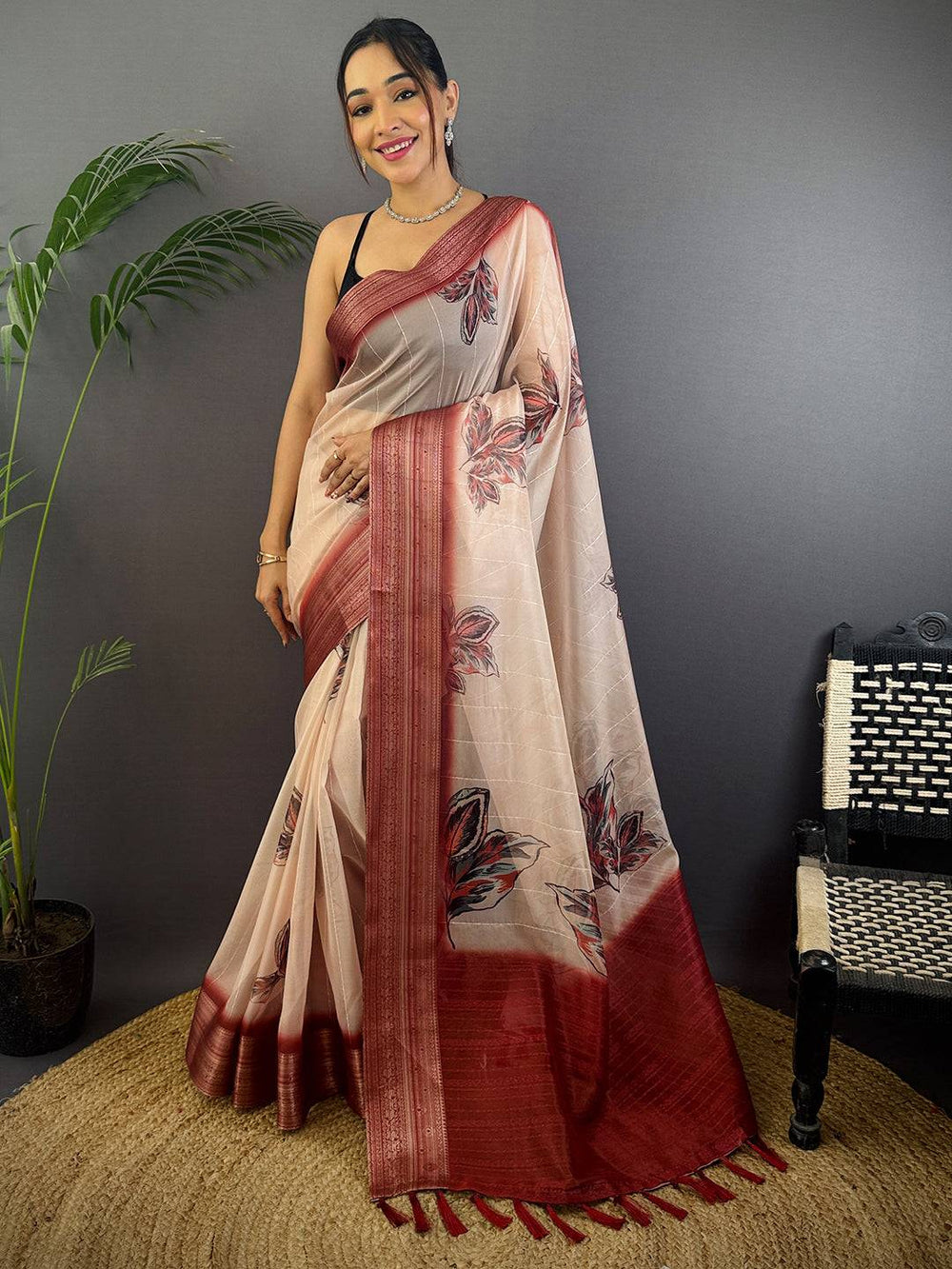 Beige Soft Organza Digital Print Saree
