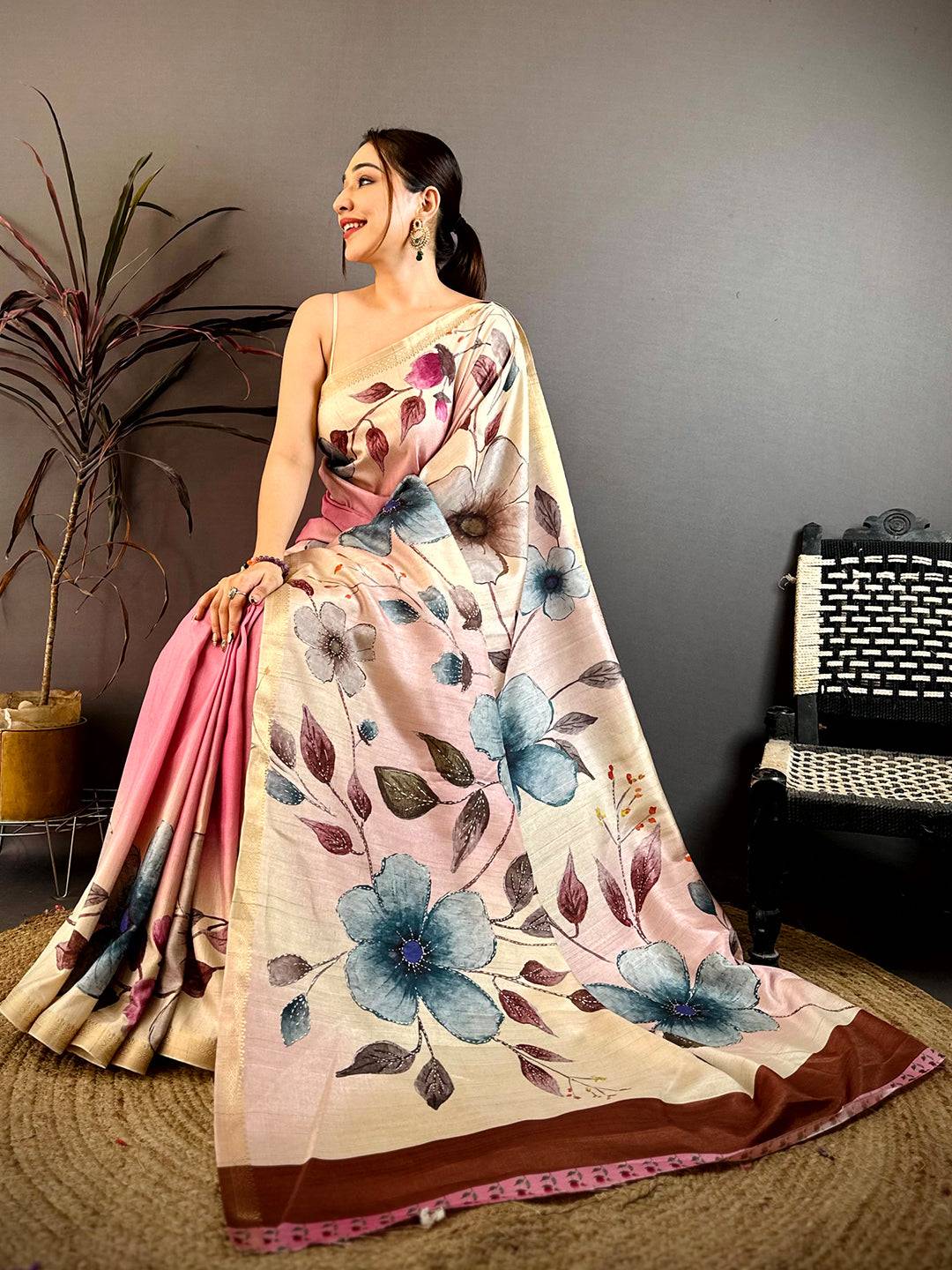 Artistic Floral Print Ghicha Weave Saree