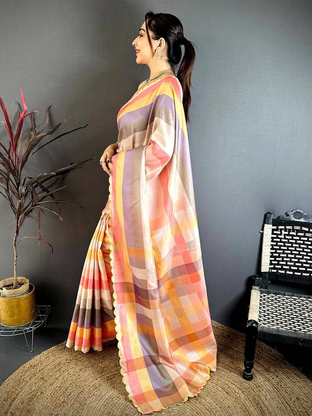 Royal Pastel Check Tussar Designer Saree