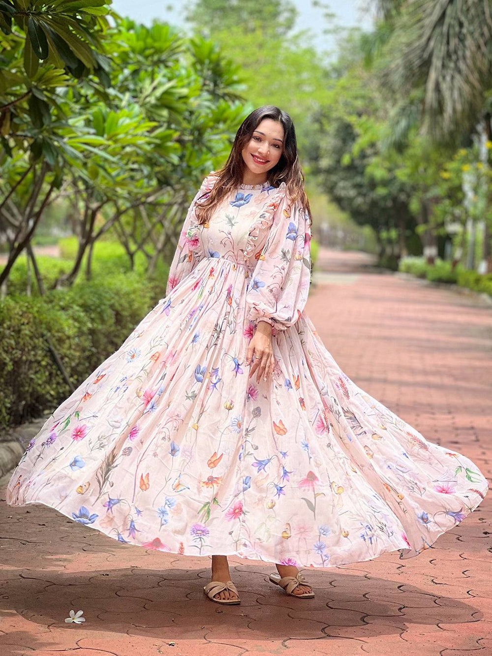 Flowy Champagne Blossom Maxi Dress outdoors