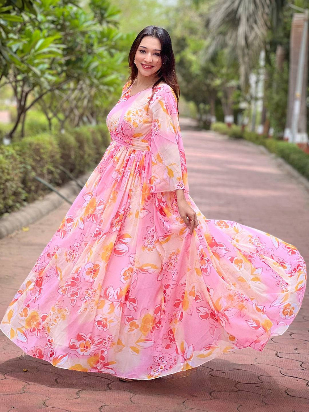 Flowy peach abstract dress with bell sleeves