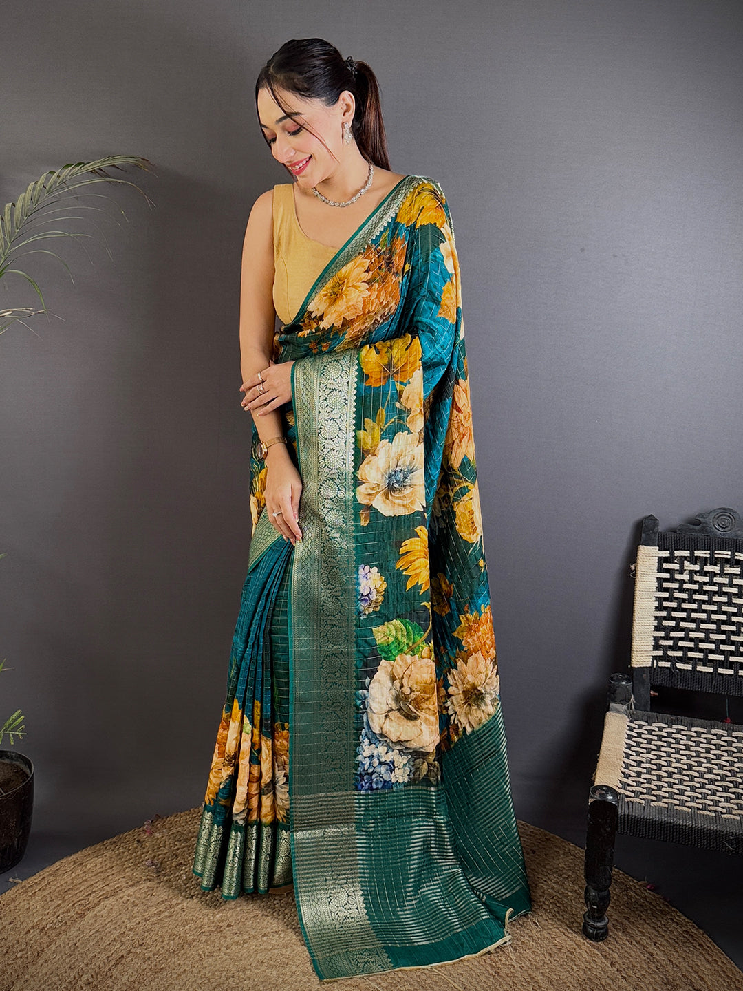 Deep Teal Floral Digital Print Saree