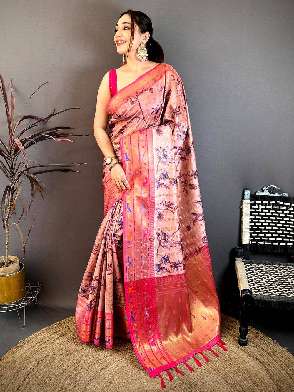 Dark Peach Paithani Border Kora Tissue Saree