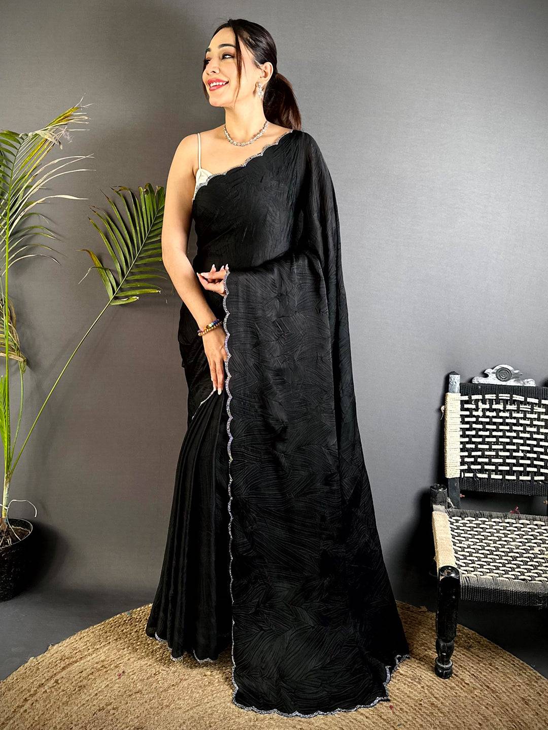 Black Stone Work Silk Crush Saree

