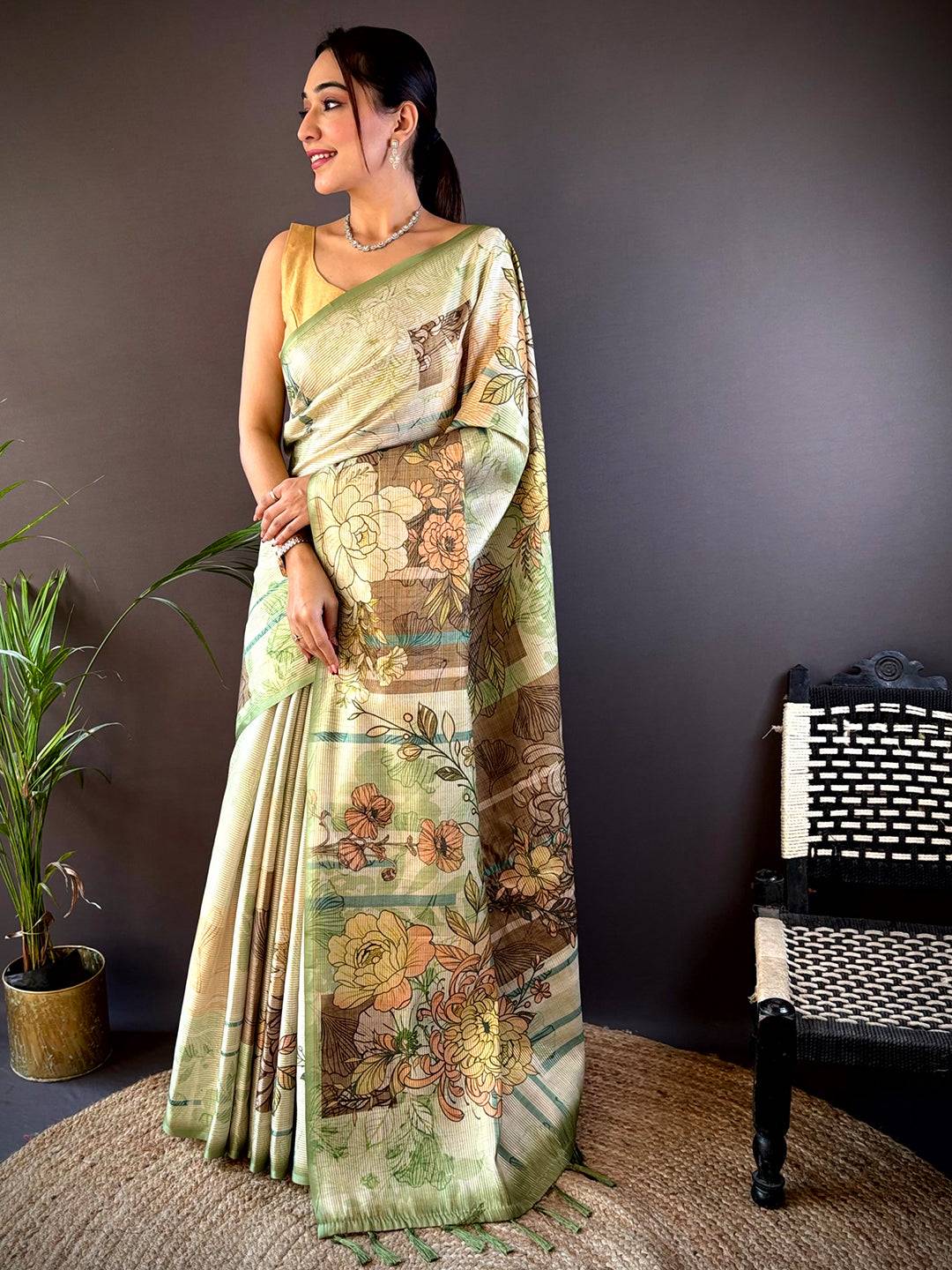 Mint Green Tussar Floral Saree