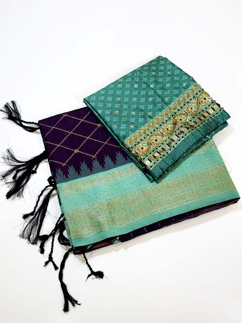 Wine Gold Zari Chex Soft Silk Saree With Maggam Blouse