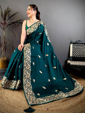 Green Aari Bird Work Soft Satin Saree