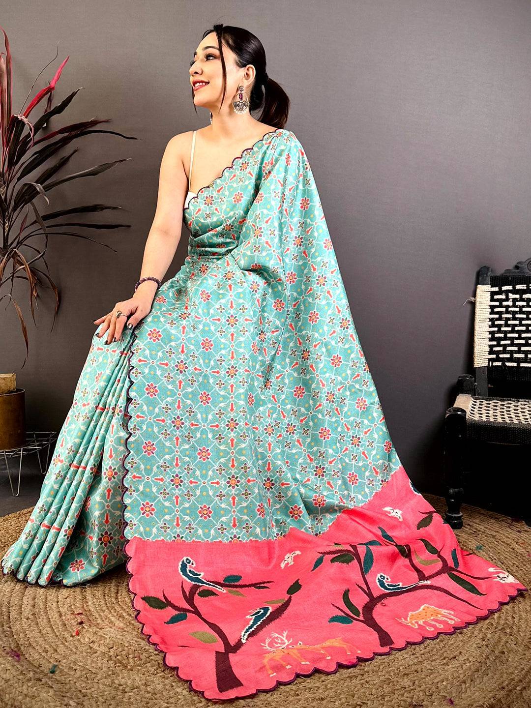 Royal Peacock Mint Tussar Printed Saree