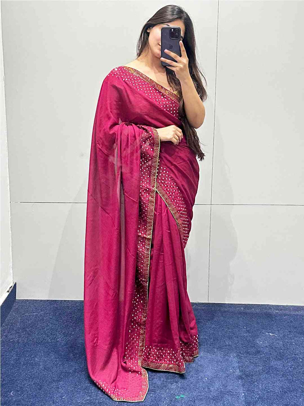 Wine Vichitra Silk Saree with Swarovski stones, mirror selfie