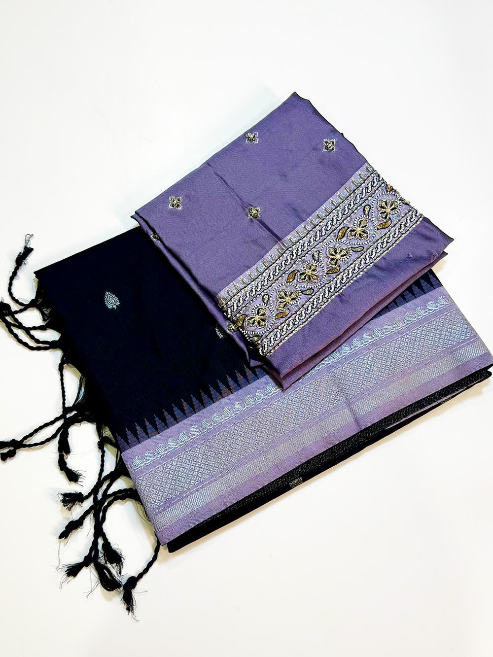 Black Soft Silk Gadwal Border Saree With Maggam Blouse