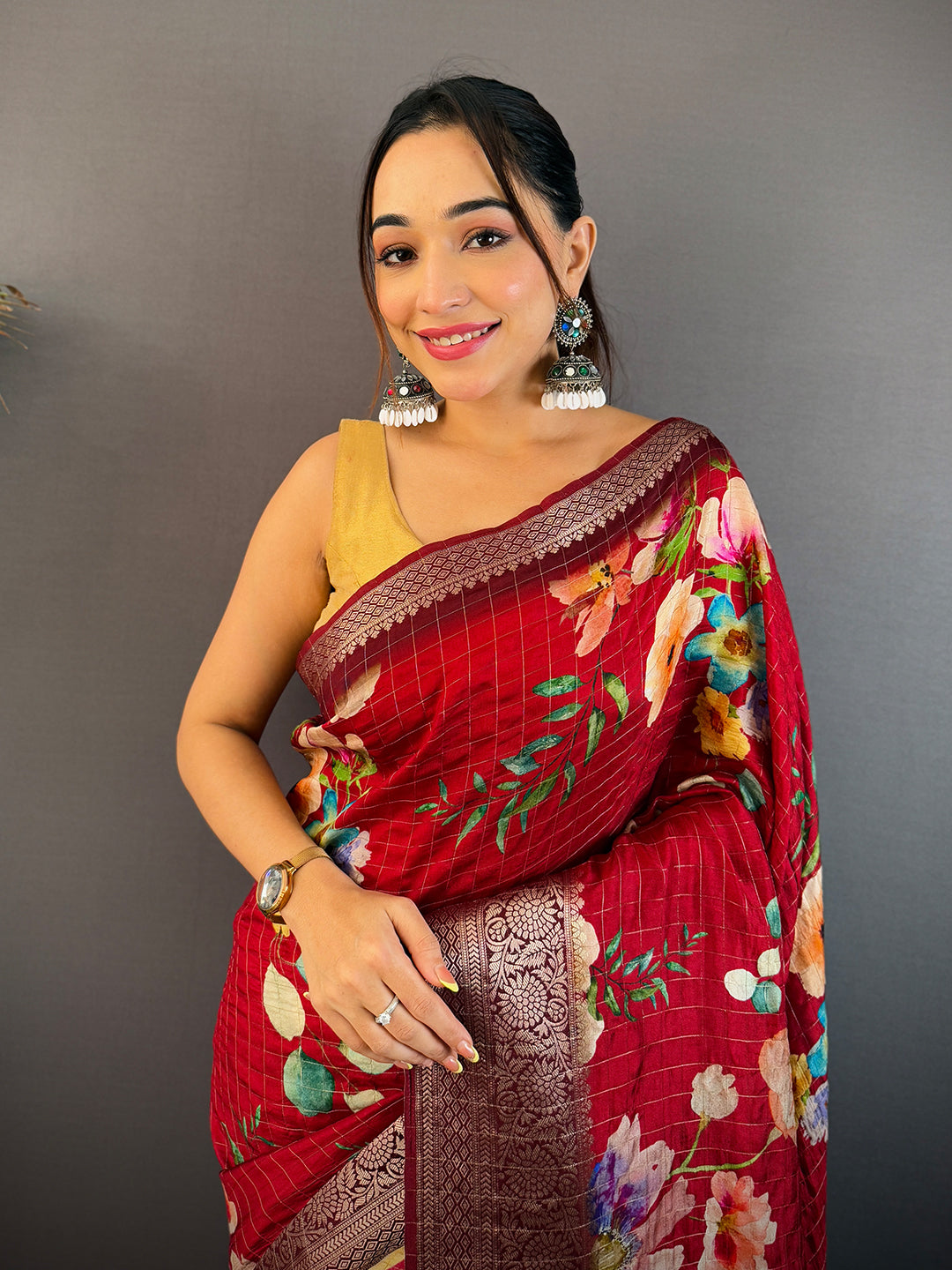 Wine Floral Kalamkari Viscose Saree
