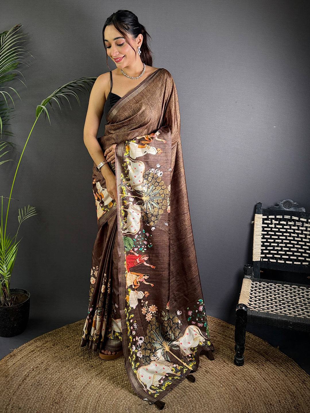 Coffee Brown Pichwai Print Tussar Silk Saree


