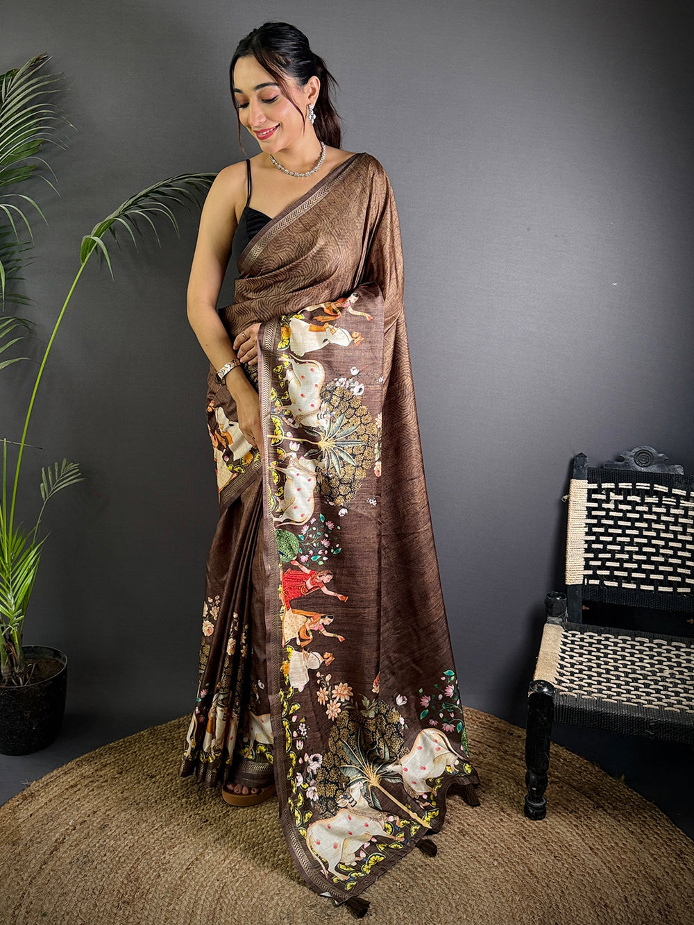 Coffee Brown Pichwai Print Tussar Silk Saree