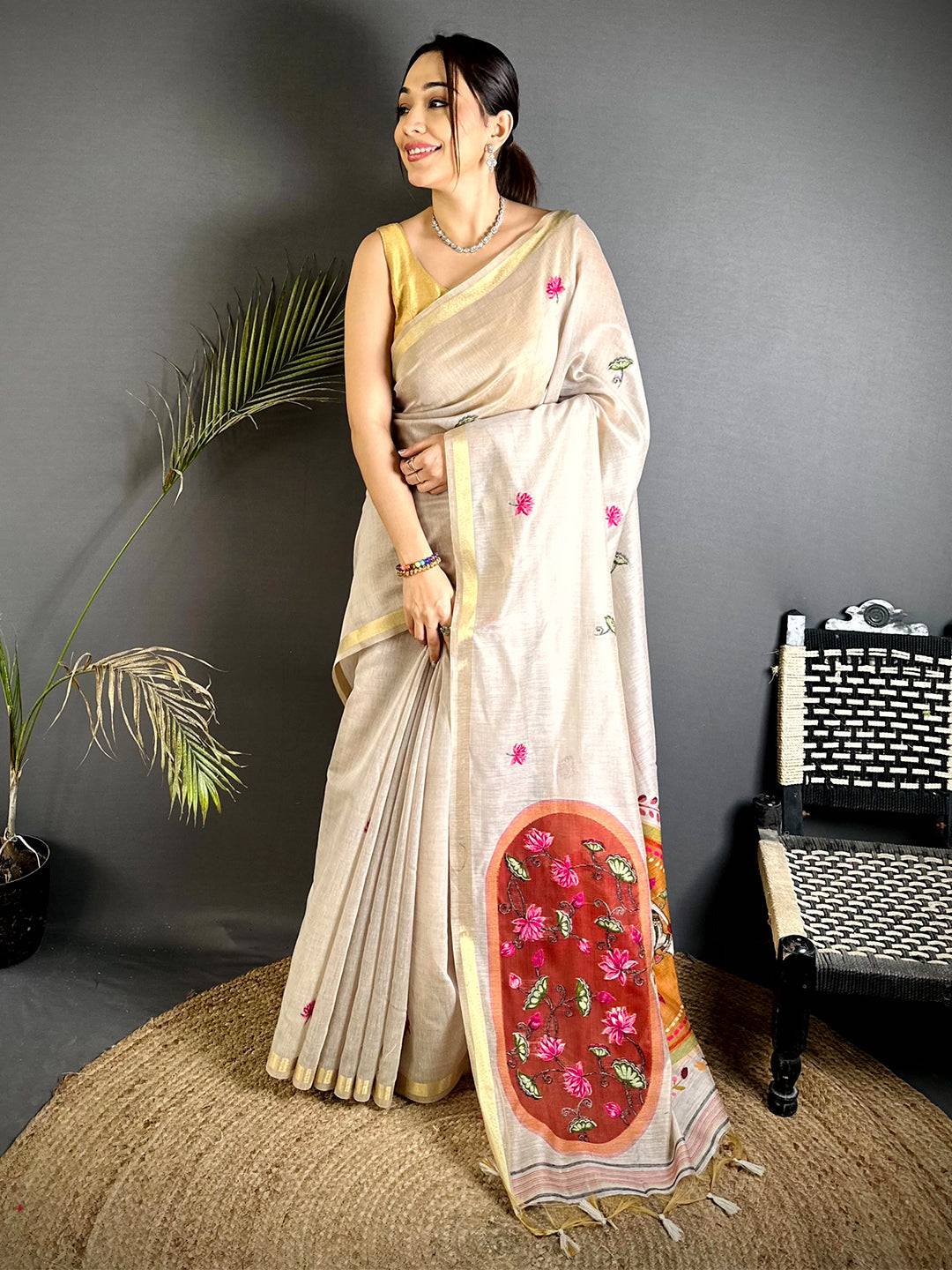 Elegant Pichwai Resham Work Linen Saree