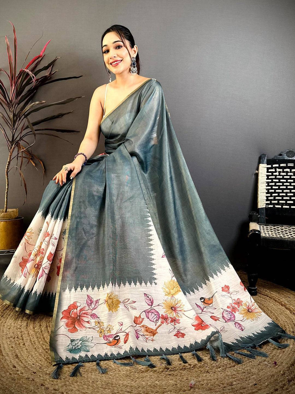 Steel Blue Floral Ikat Linen Chanderi Saree