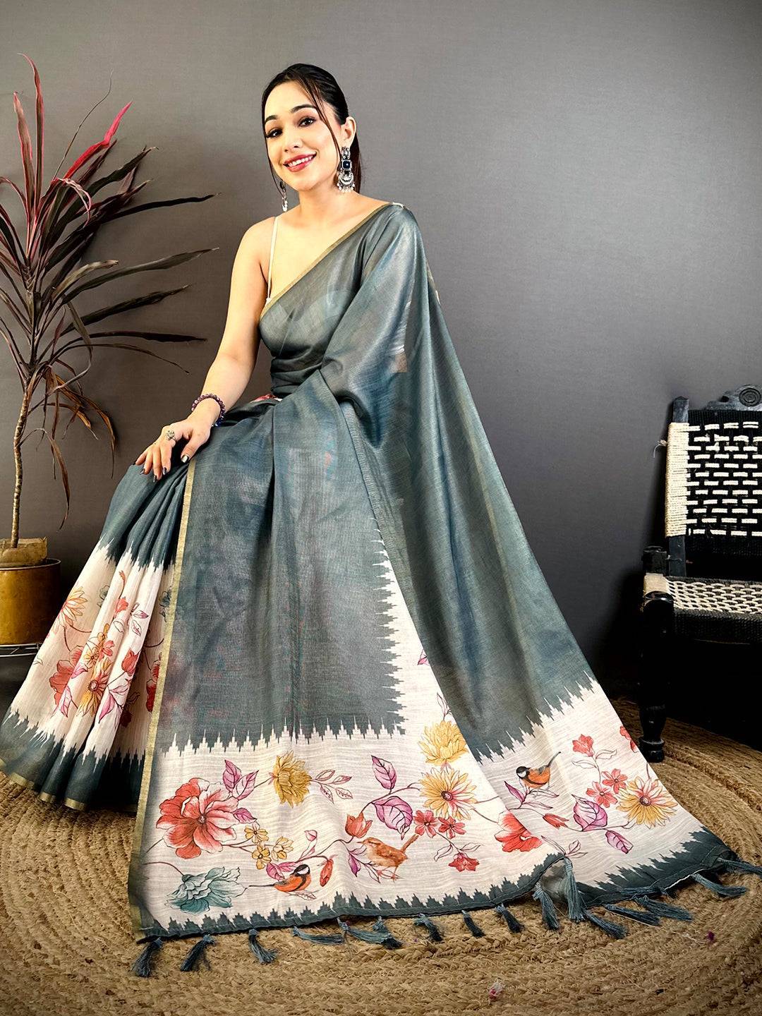 Steel Blue Floral Ikat Linen Chanderi Saree