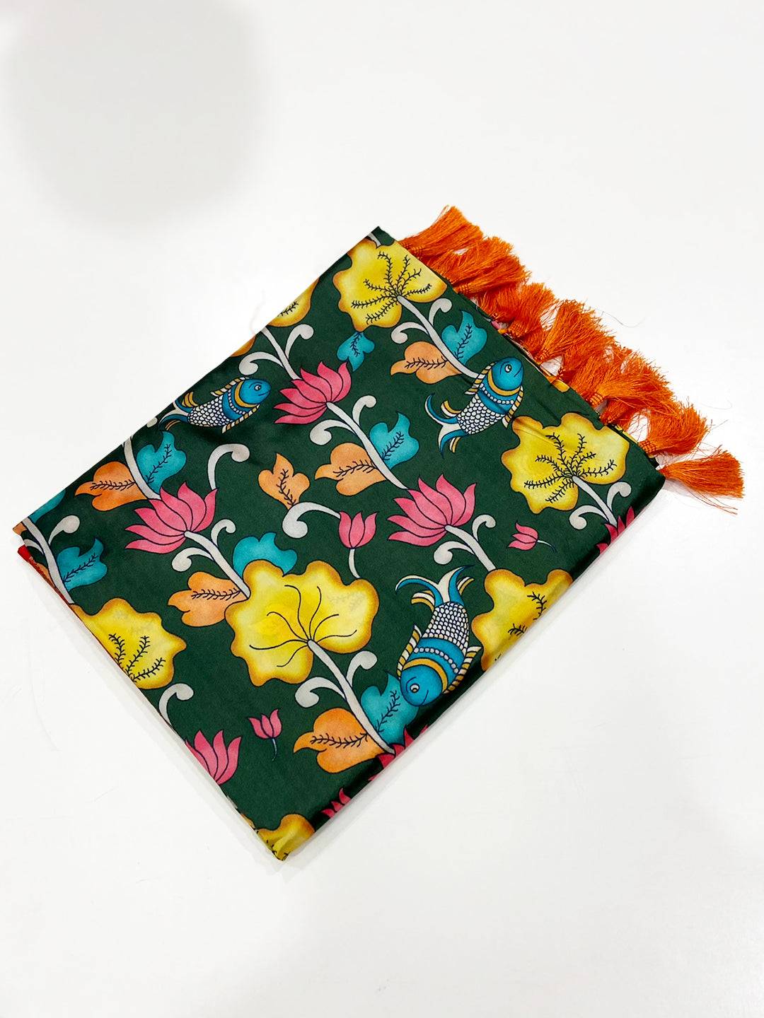 Bottle Green Floral Printed Banarasi Saree