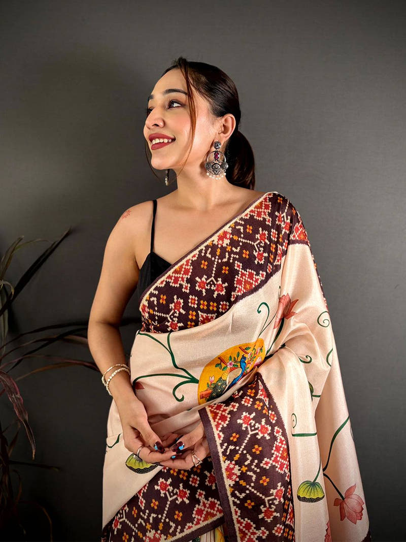 Exclusive Ikkat Pichwai Print Tussar Saree