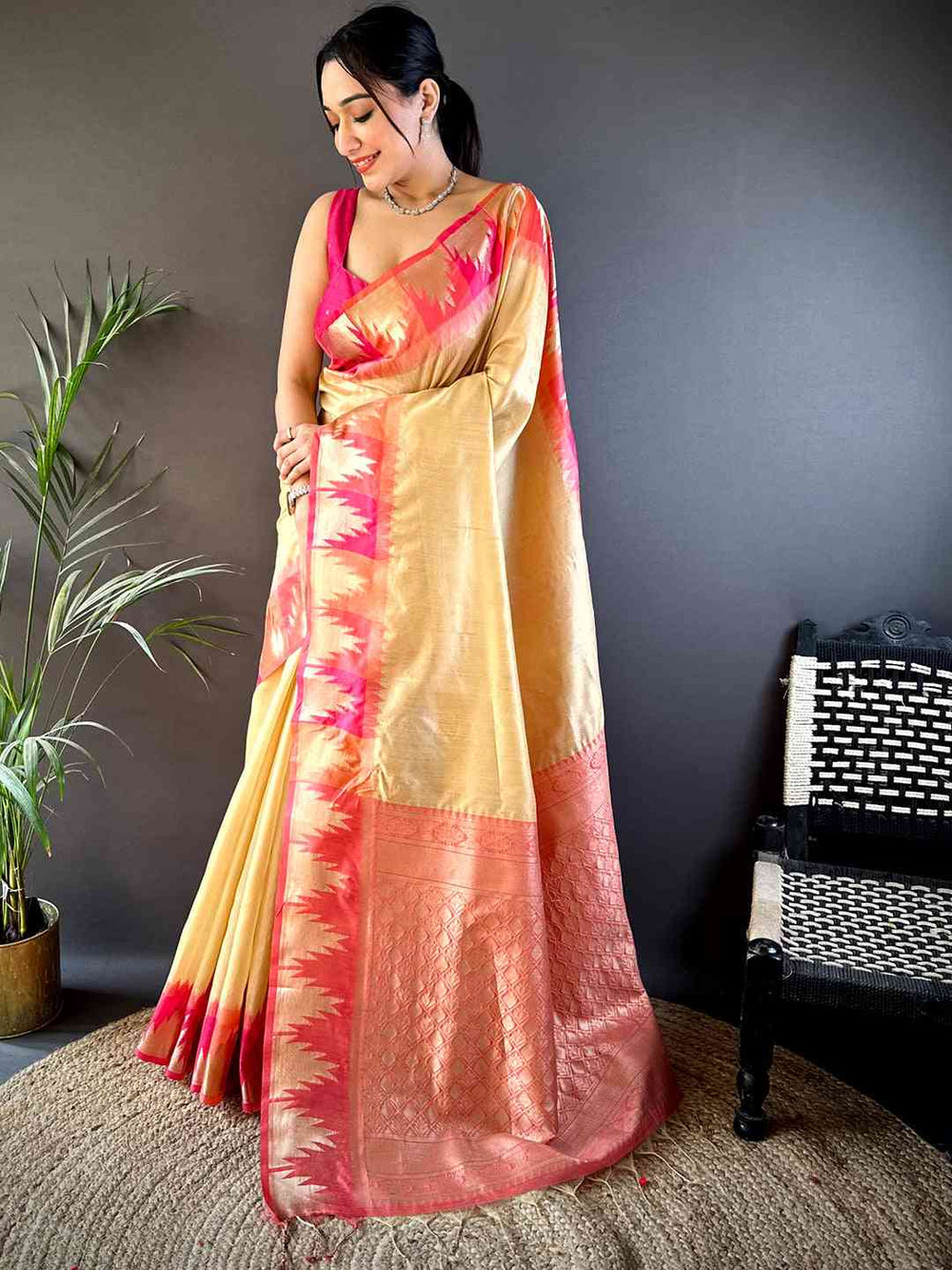 Cream Banarasi Raw Silk Ikkat Saree