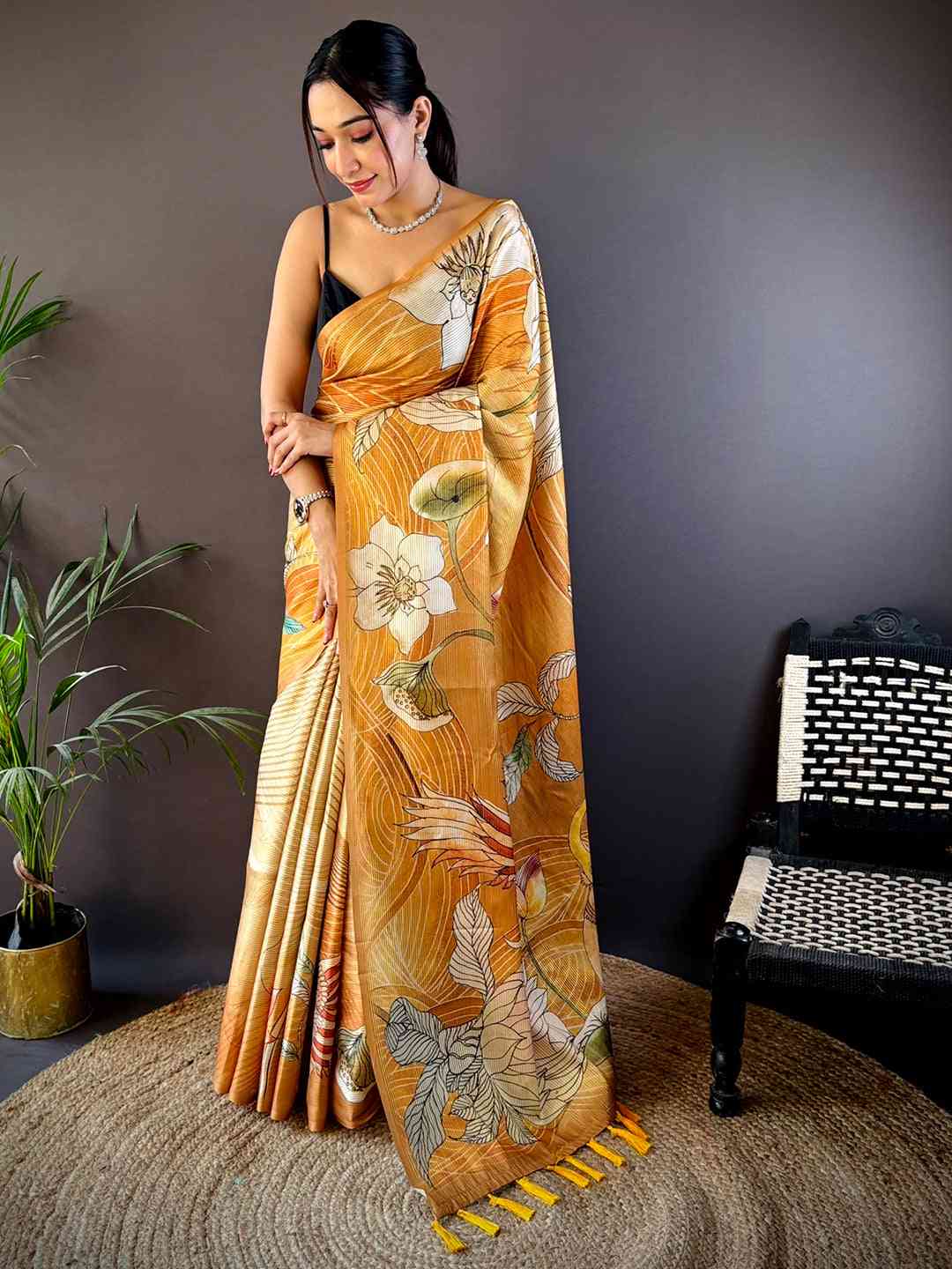Honey Yellow Semi Zari Tussar Botanical Saree