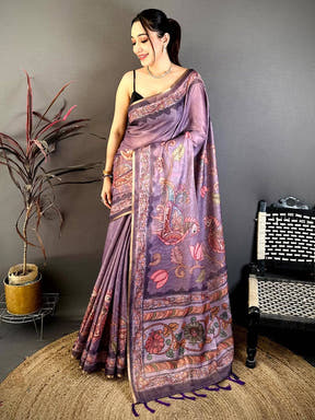 Lavender Vintage Pen Kalamkari Chanderi Saree