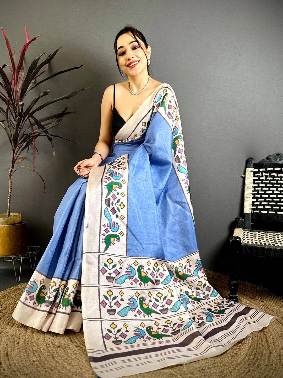 Royal Sky Blue Ikkat Soft Tussar Saree