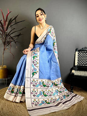 Royal Sky Blue Ikkat Soft Tussar Saree