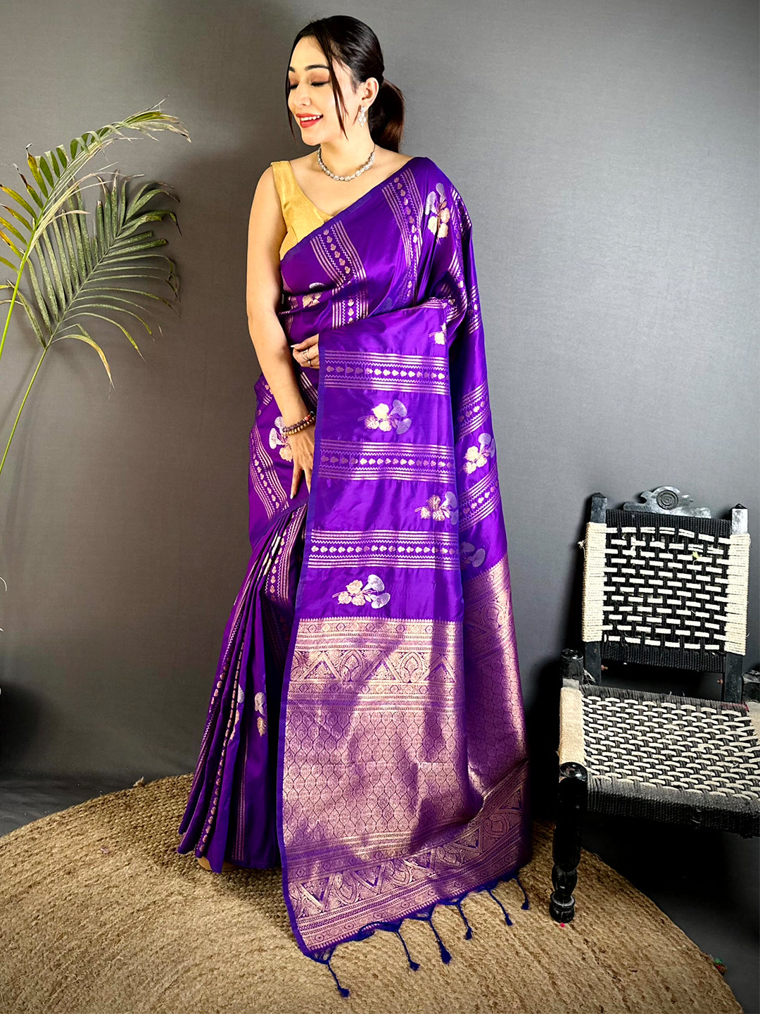 Purple Sona Chandi Striped Silk Saree