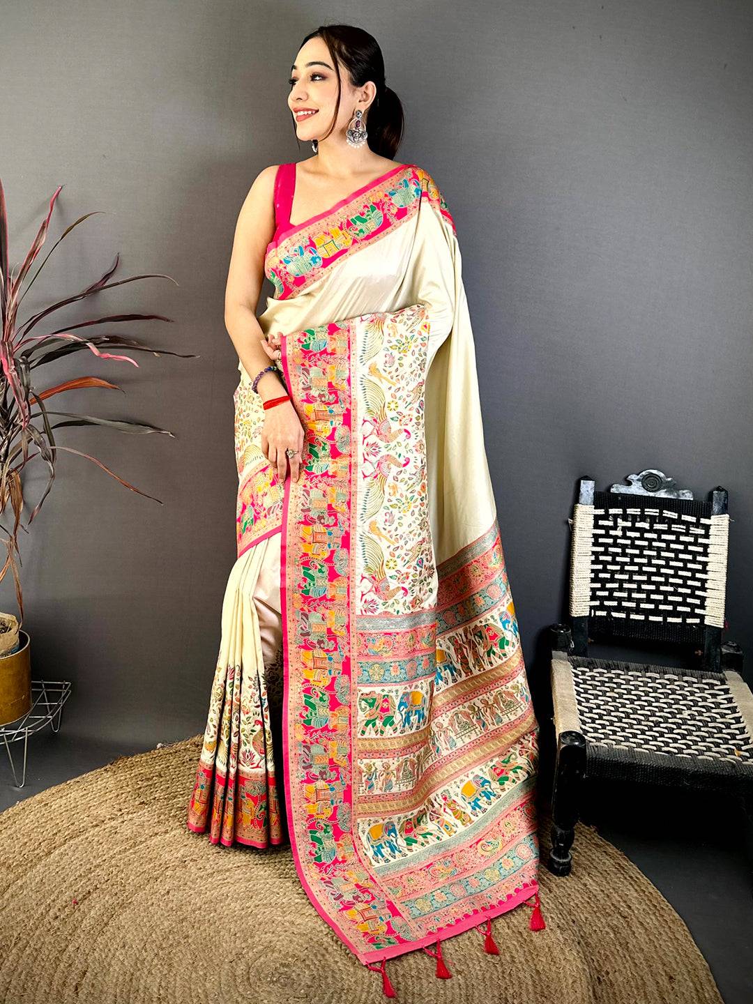 White Pashmina Weave Semi Silk Saree