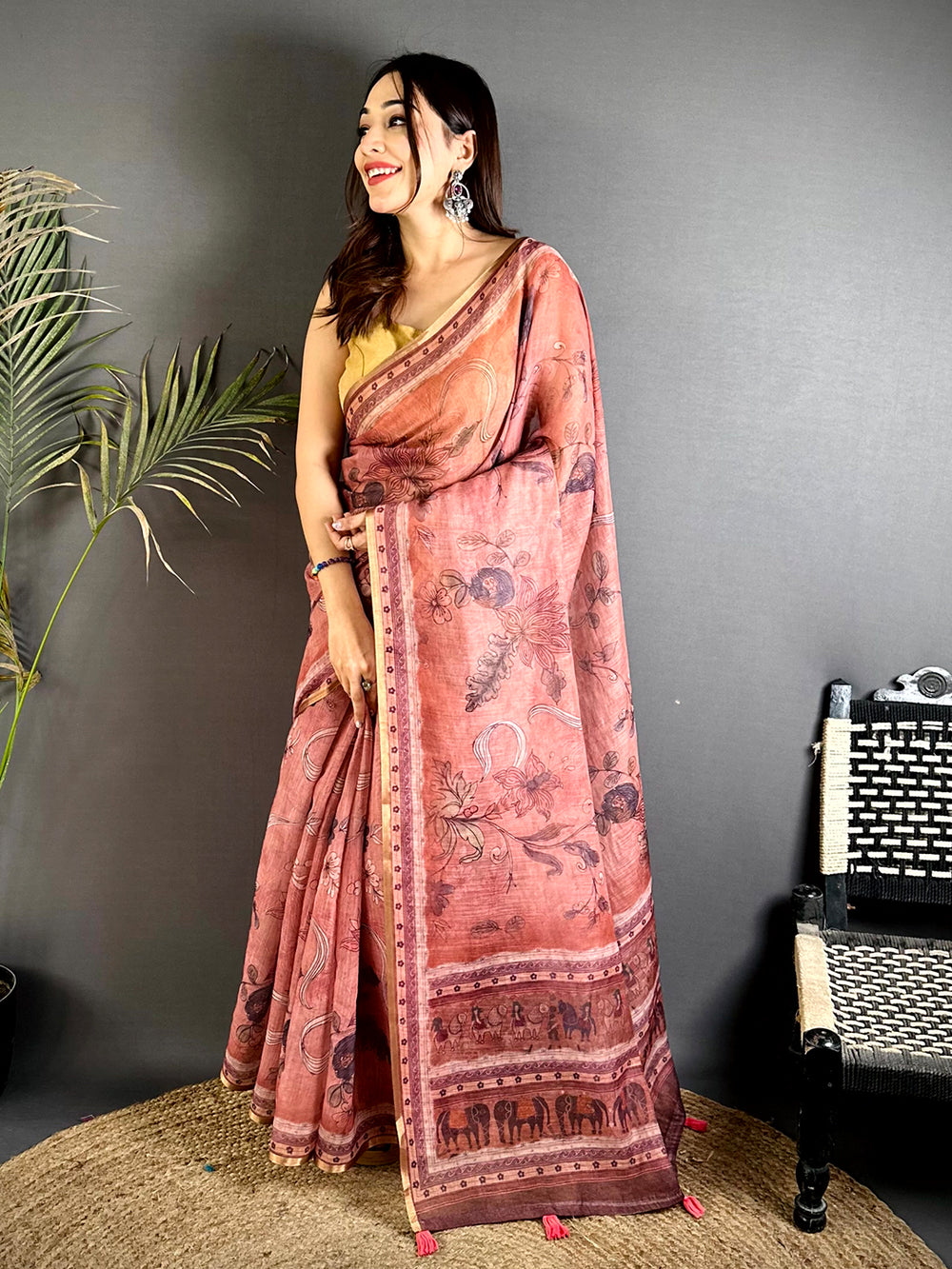 Opulent Dark Floral Linen Saree